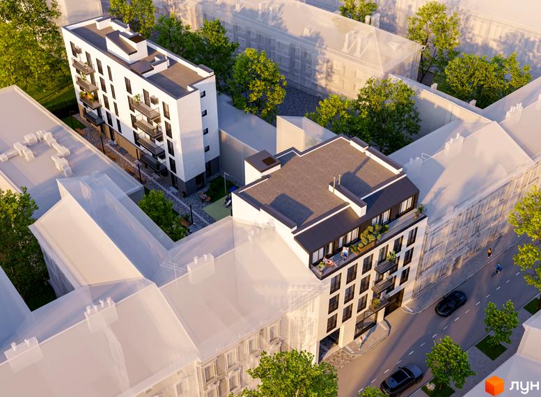 Зовнішній вигляд житлового комплексу URBAN Residence з білими фасадами та балконами, прибудинкова територія з деревами та лавками.