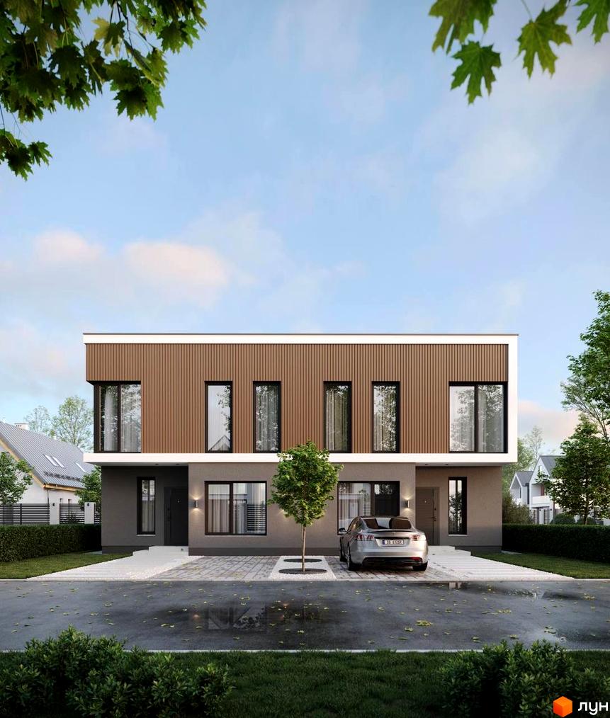 Сучасний двоповерховий будинок з коричневим фасадом та великими вікнами на вулиці Волошкова, 58. Прибудинкова територія з доглянутим газоном, деревами та автомобілем.