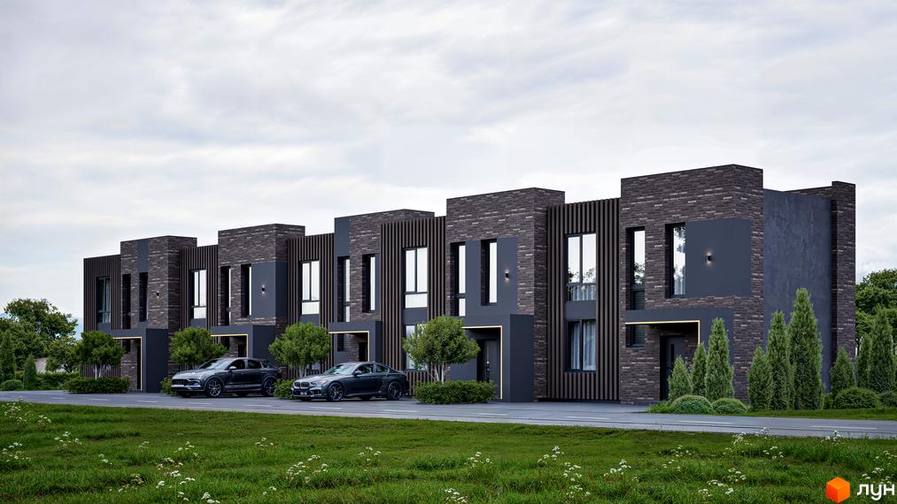 Таунхауси Town BOX – це двоповерхові будинки з темної цегли та сірого фасаду, з великими вікнами та вертикальними дерев'яними елементами. Перед будинками асфальтована дорога та зелений газон з квітами.