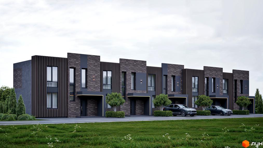 Таунхауси Town BOX з цегляним фасадом та дерев'яними елементами. Перед будинками розташовані зелені насадження та автомобілі.
