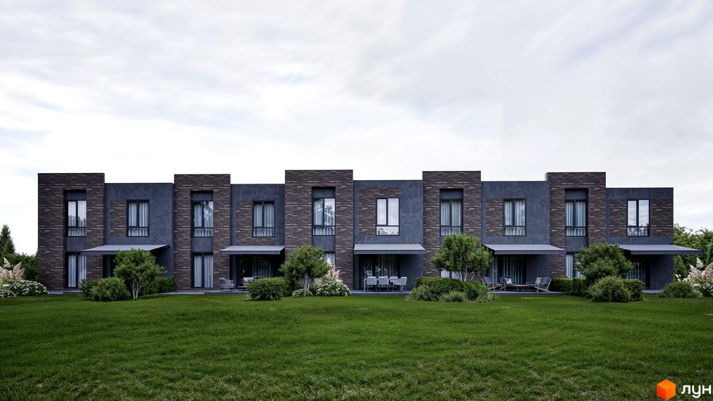 Таунхауси Town BOX з цегляним фасадом та великими вікнами, розташовані на зеленій галявині з деревами та кущами.