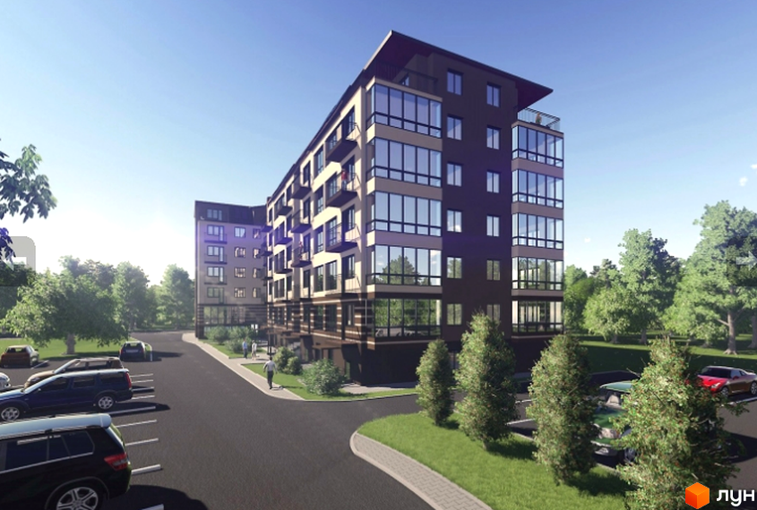 Зовнішній вигляд новобудови на вулиці Київська, 128, з парковкою та зеленими насадженнями. Комплекс має багатоповерхові секції з балконами та великими вікнами.