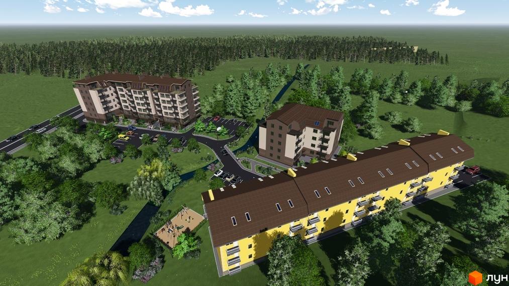 Зовнішній вигляд житлового комплексу на вул. Київська, 128, з кількома багатоповерховими будинками та прибудинковою територією з деревами та дитячим майданчиком. Опис новобудови та її оточення.