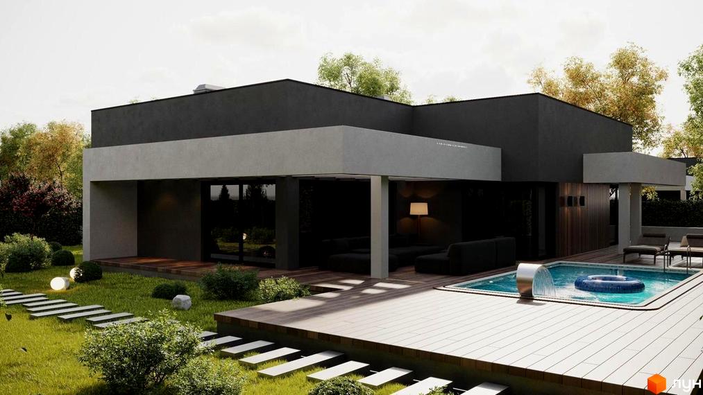 Котеджне містечко RAY-ELENOVKA: двоповерховий будинок з темною та світлою обробкою фасаду, великими вікнами та басейном з водоспадом на прибудинковій території.