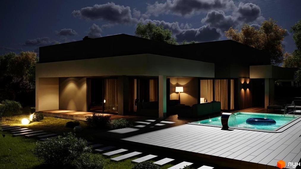 Котеджне містечко RAY-ELENOVKA з басейном та освітленням у темний час доби. Навколо будинку зелена зона з доріжками та кущами.