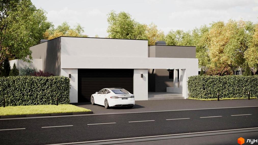 Котеджне містечко RAY-ELENOVKA: сучасний будинок з гаражем та білим електромобілем на тлі зеленої огорожі та дерев. Прибудинкова територія доглянута, з газоном та освітленням.