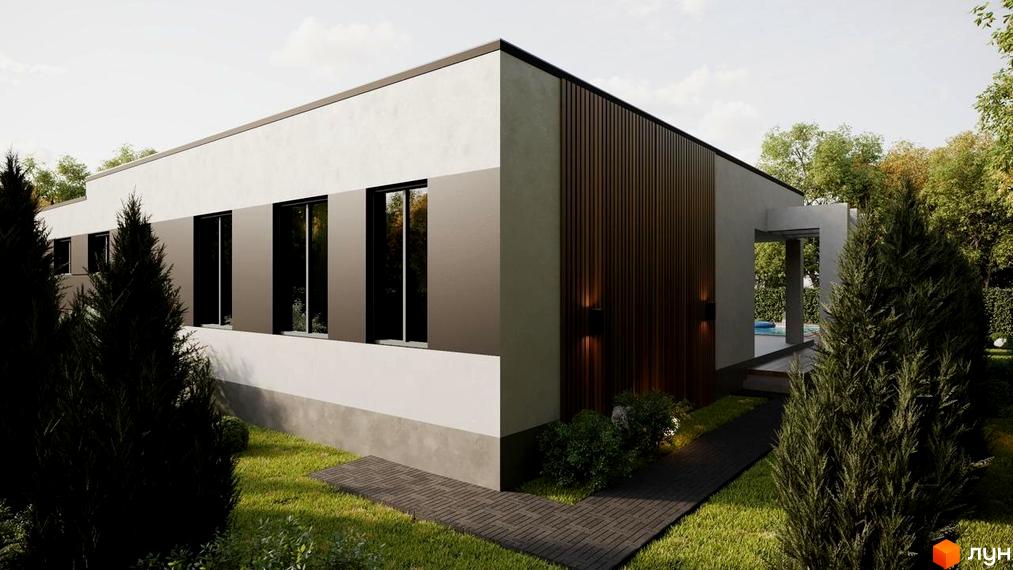 Котеджне містечко RAY-ELENOVKA: одноповерховий будинок з панорамними вікнами та дерев'яним оздобленням фасаду, зелена прибудинкова територія з доріжками.