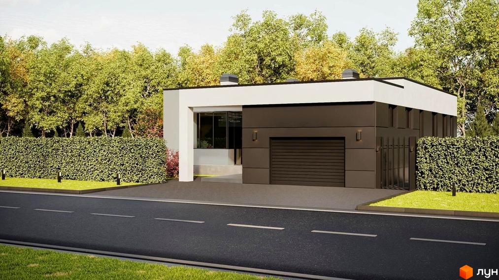 Котеджне містечко КМ RAY-ELENOVKA: одноповерховий будинок з гаражними воротами та великими вікнами, оточений зеленою огорожею та деревами.