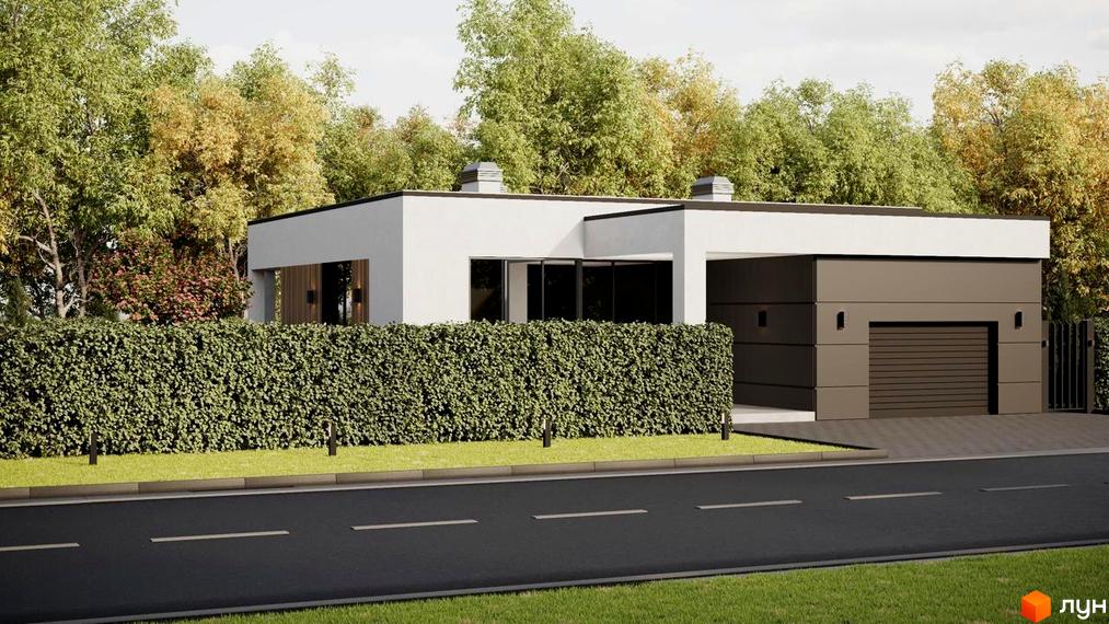 Котеджне містечко RAY-ELENOVKA: одноповерховий будинок з гаражем, оточений зеленою огорожею та деревами. Прибудинкова територія з дорогою та освітленням.