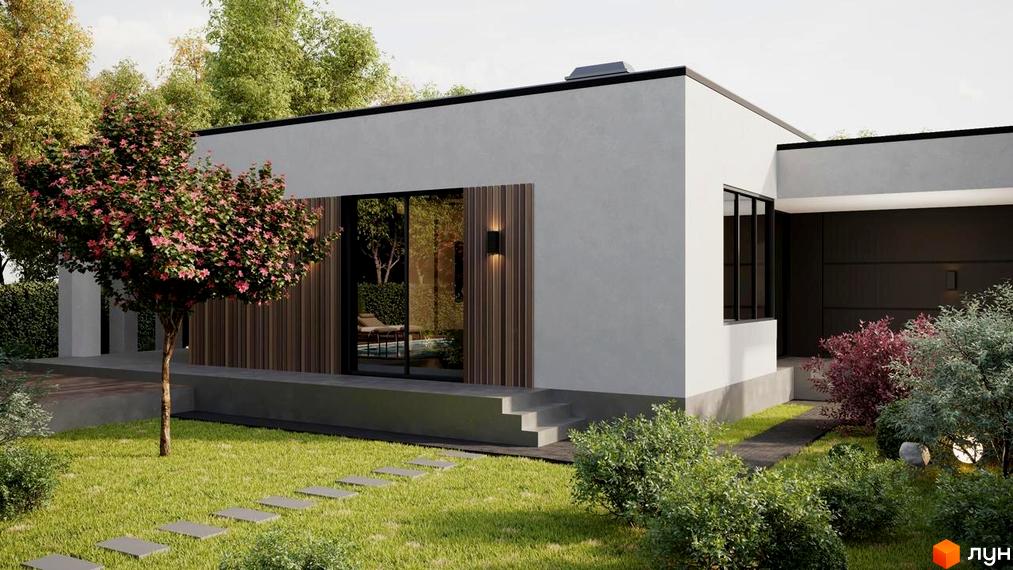 Котеджне містечко RAY-ELENOVKA: одноповерховий будинок з великими вікнами та дерев'яними елементами фасаду, оточений доглянутим газоном та деревами з рожевими квітами.