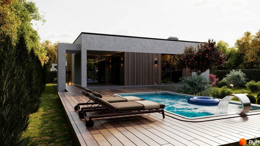 Котеджне містечко RAY-ELENOVKA: одноповерховий будинок з великими вікнами та терасою, басейн з водоспадом та зоною відпочинку.