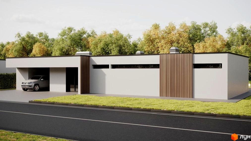 Котеджне містечко RAY-ELENOVKA: одноповерховий будинок з гаражем та дерев'яними елементами фасаду, зелена галявина перед будинком.