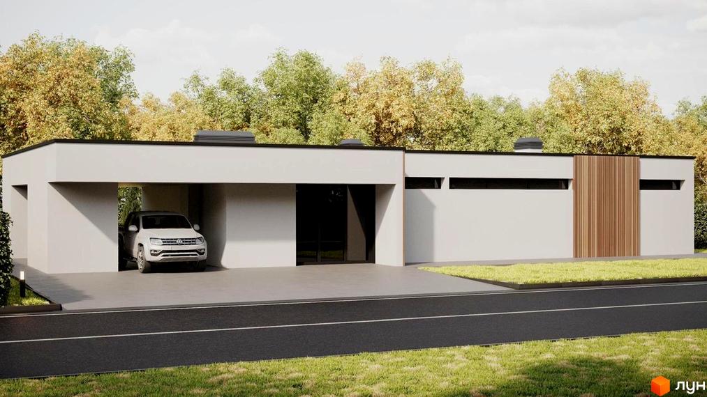 Котеджне містечко RAY-ELENOVKA: одноповерховий будинок з навісом для авто та великими вікнами, розташований біля дороги та зеленої зони.