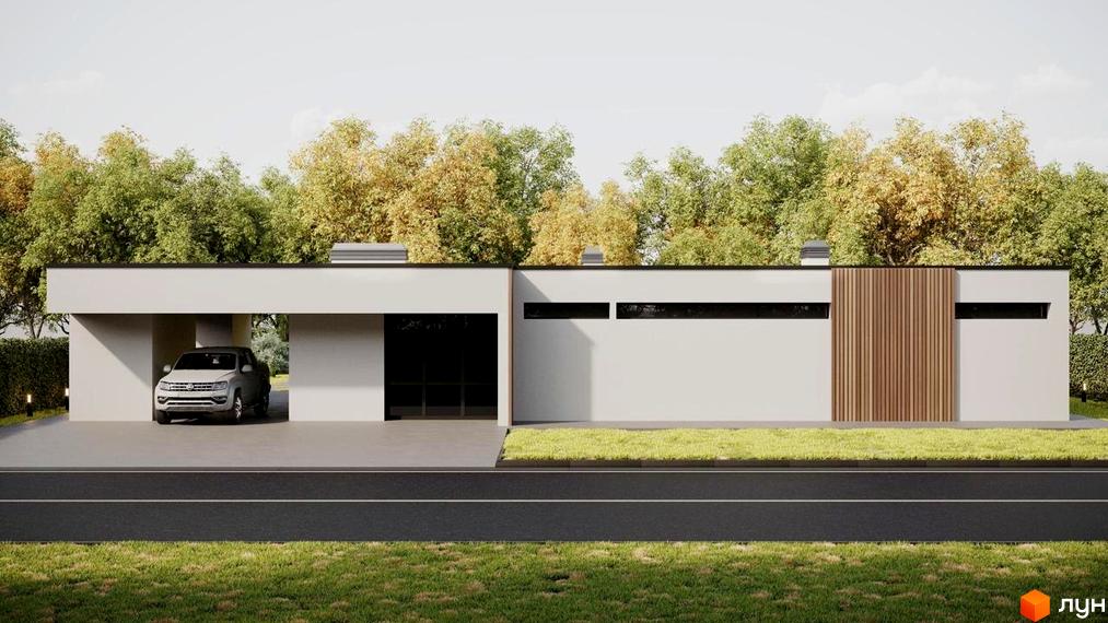 Котеджне містечко RAY-ELENOVKA: одноповерховий будинок з гаражем та дерев'яним фасадом на тлі дерев. Прибудинкова територія з газоном та дорогою.