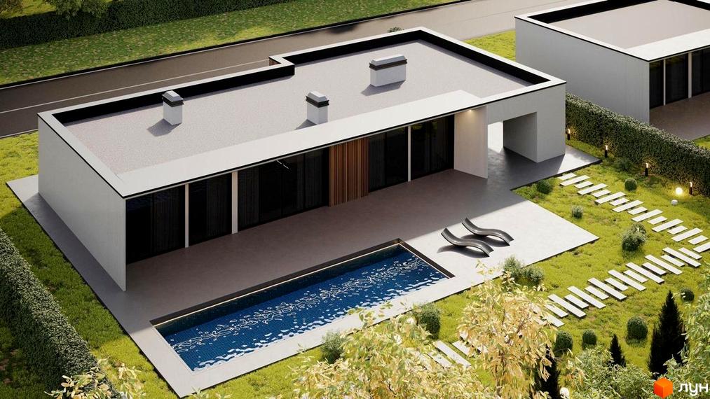 Котеджне містечко RAY-ELENOVKA: одноповерховий будинок з пласкою покрівлею, великими вікнами та басейном. На території зелений газон, доріжка з плитки та кущі.