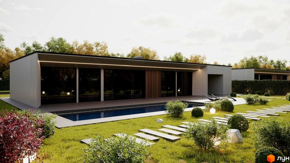 Котеджне містечко RAY-ELENOVKA. Будинок з панорамними вікнами та басейном, оточений зеленню та доріжками з каменю.