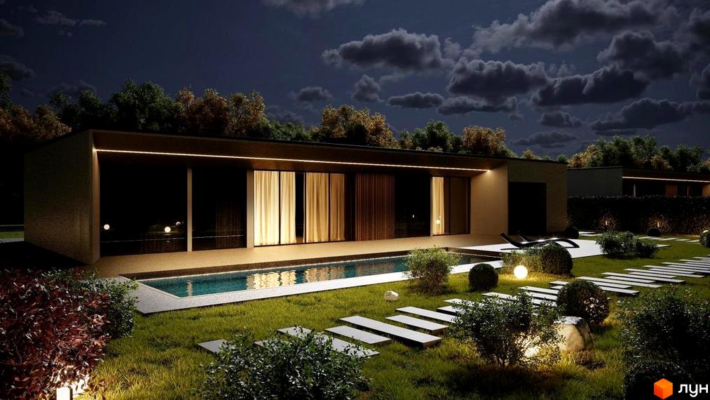 Котеджне містечко RAY-ELENOVKA з басейном та ландшафтним дизайном вночі. Будинок має великі панорамні вікна та підсвітку фасаду.