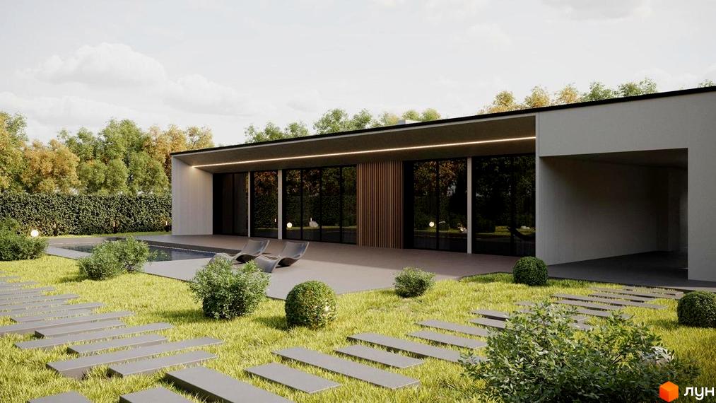 Котеджне містечко RAY-ELENOVKA. Будинок з великими вікнами та пласким дахом, поруч басейн та доріжка з плитки на зеленій ділянці.