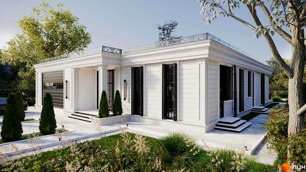 Котеджне містечко RAY-ELENOVKA: білий одноповерховий будинок з чорними вікнами та дверима, доглянута прибудинкова територія з деревами та квітами.