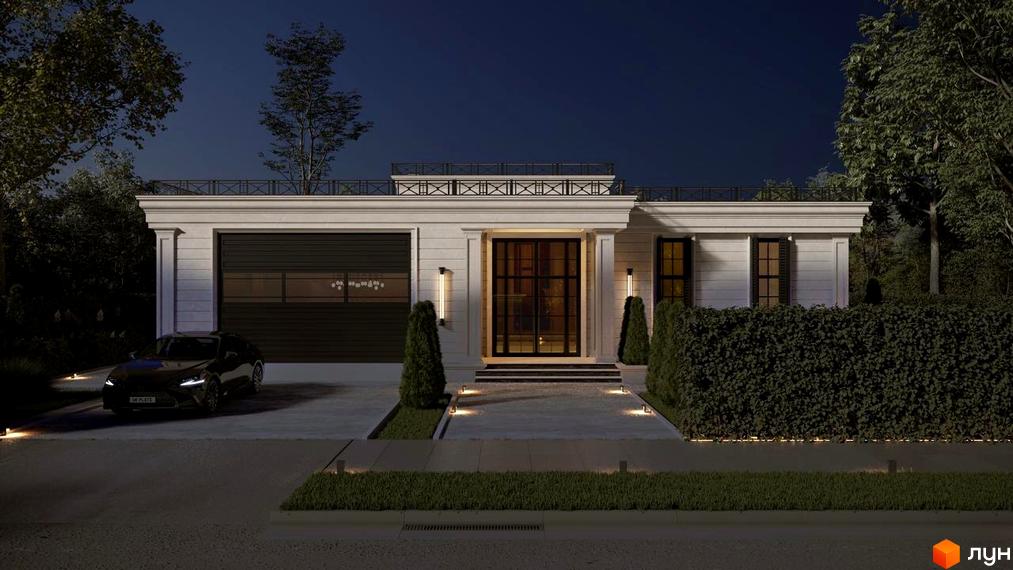 Котеджне містечко RAY-ELENOVKA: сучасний будинок з гаражем та входом, освітлена доріжка та зелені насадження.