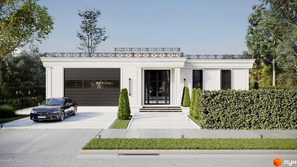 Котеджне містечко RAY-ELENOVKA: білий одноповерховий будинок з гаражем та входом, оточений зеленню та доглянутою прибудинковою територією.