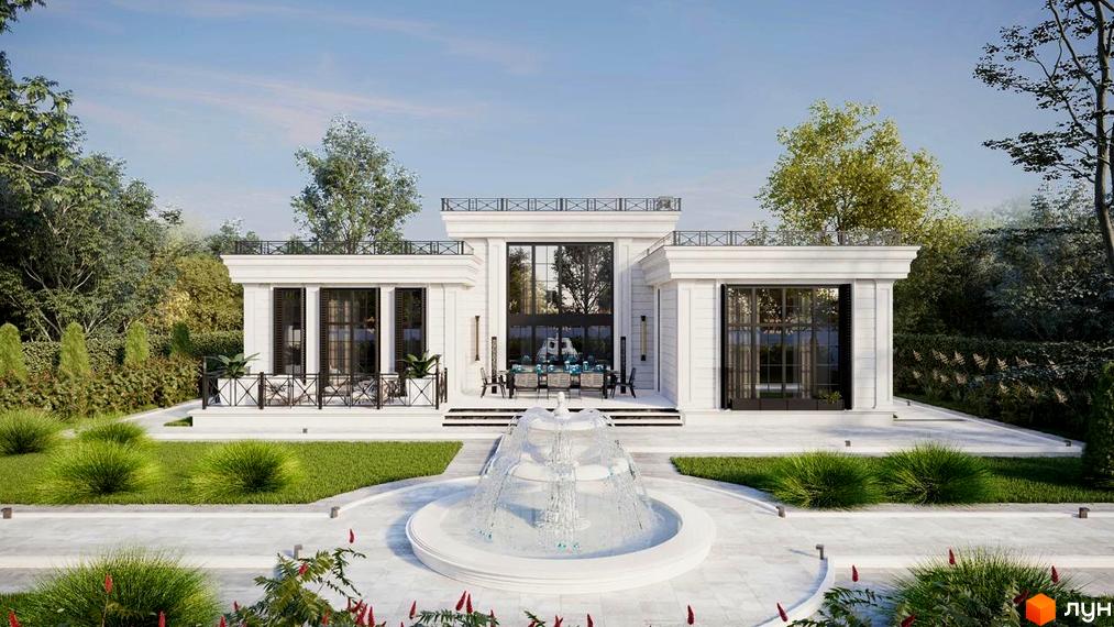 Котеджне містечко RAY-ELENOVKA: білий двоповерховий будинок з великими вікнами, терасою та фонтаном перед ним. Навколо будинку доглянутий сад та зелена галявина.