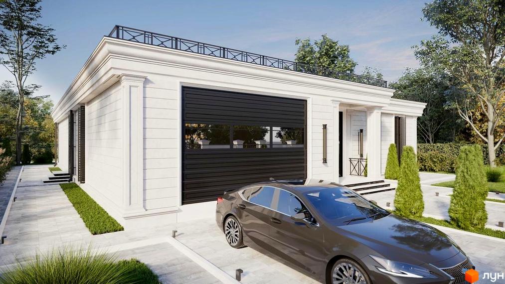 Котеджне містечко RAY-ELENOVKA: сучасний білий будинок з чорним гаражем та автомобілем на тлі зелених дерев та доглянутої території.