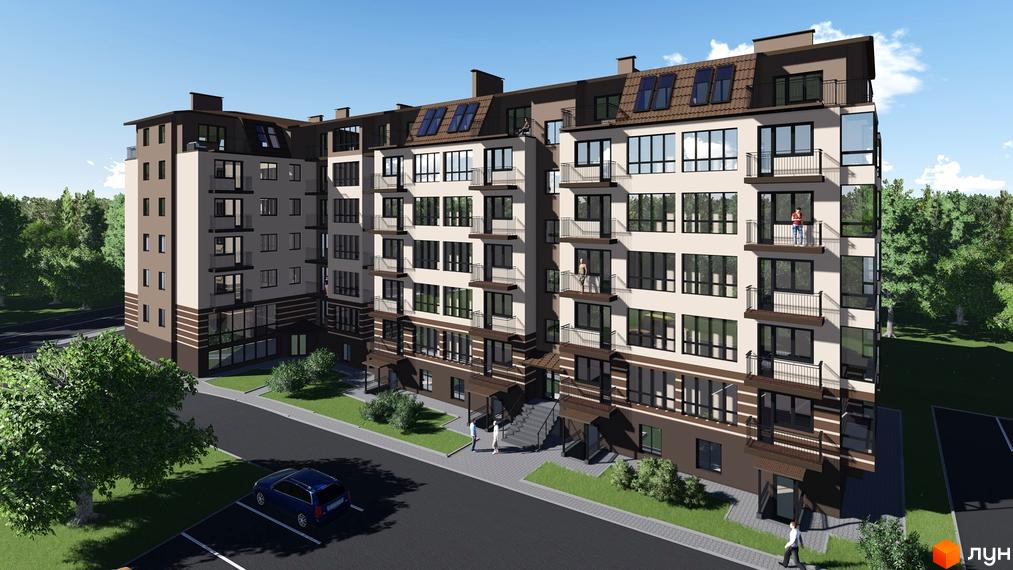 Багатоповерховий житловий комплекс з балконами та мансардними вікнами на даху. Перед будинком розташована прибудинкова територія з деревами та парковкою.