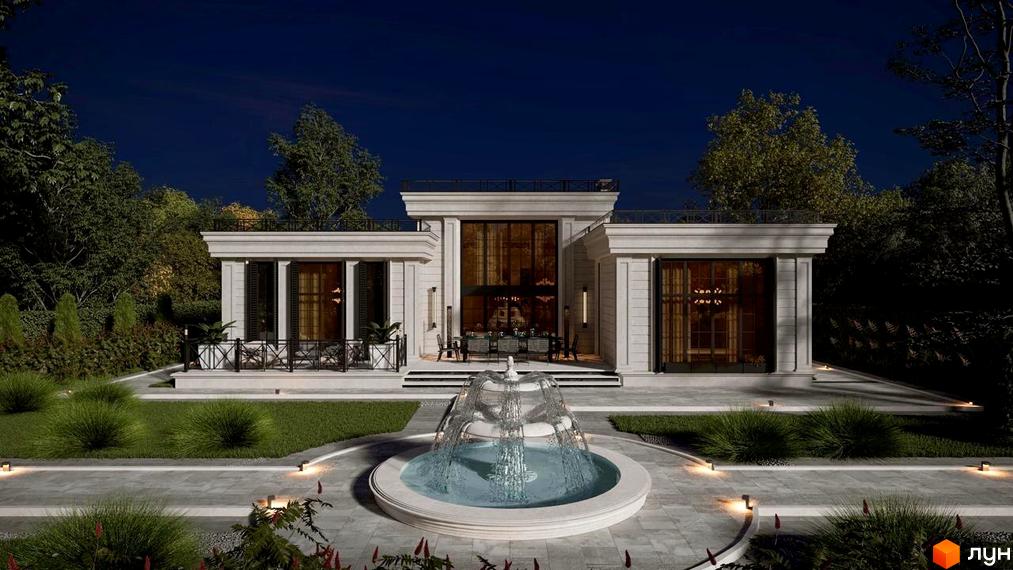 Котеджне містечко RAY-ELENOVKA: елегантний двоповерховий будинок з колонадою та фонтаном у вечірньому саду. Територія освітлена ліхтарями, навколо зелені насадження.