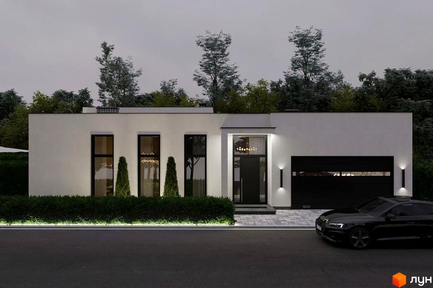 Котеджне містечко КМ RAY-ELENOVKA. Фасад будинку з великими вікнами, гаражними воротами та вхідною групою. Прибудинкова територія з акуратним кущовим парканом та освітленням.