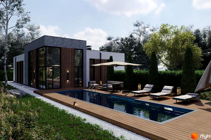 Котеджне містечко RAY-ELENOVKA: сучасний будинок з панорамними вікнами та басейном. Прибудинкова територія з шезлонгами та парасолькою.