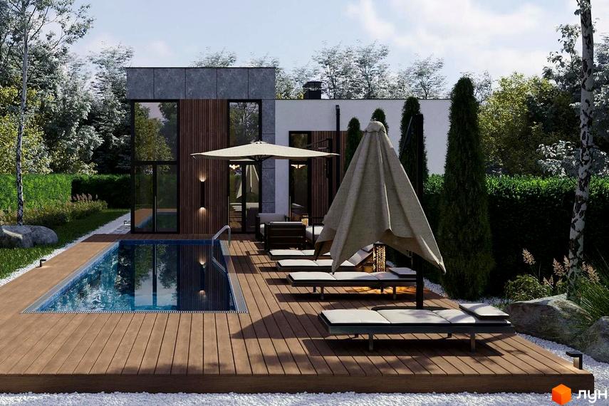 Котеджне містечко RAY-ELENOVKA: сучасний будинок з басейном та зоною відпочинку на дерев'яній терасі. Навколо зелені насадження та дерева.