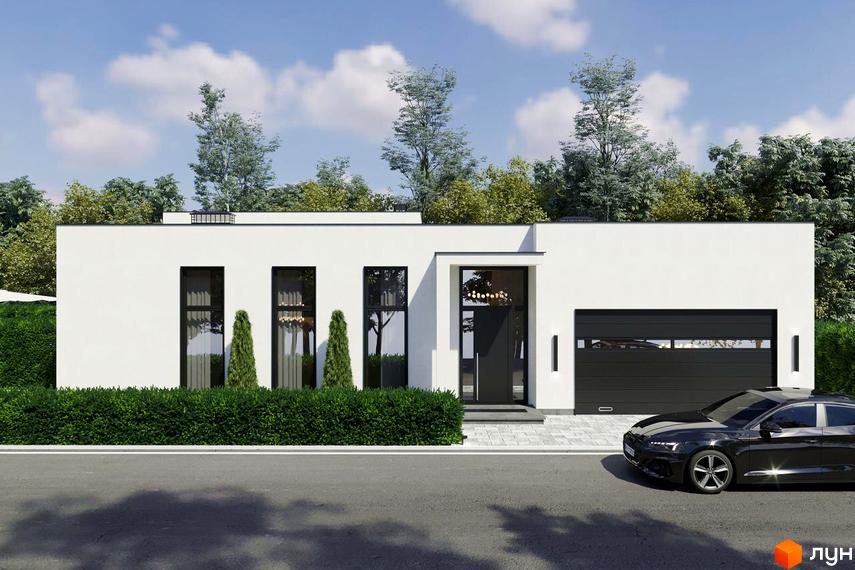 Котеджне містечко RAY-ELENOVKA: білий одноповерховий будинок з гаражем та доглянутим зеленим парканом. Поруч припаркований чорний автомобіль.