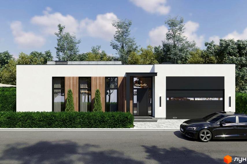 Котеджне містечко RAY-ELENOVKA: одноповерховий будинок з білою стіною, дерев'яними вставками, великими вікнами та чорним гаражем. Прибудинкова територія з доглянутим зеленим парканом та дорогою.