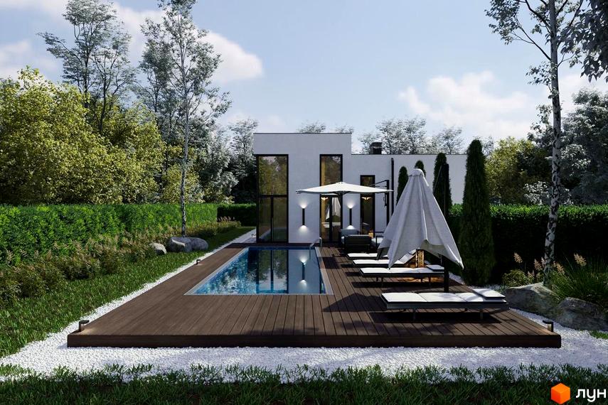 Котеджне містечко RAY-ELENOVKA: сучасний білий будинок з панорамними вікнами та басейном на дерев'яній терасі. Навколо зелені насадження та зона відпочинку з шезлонгами.