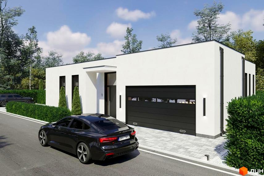 Котеджне містечко RAY-ELENOVKA: білий одноповерховий будинок з чорним гаражем та прибудинковою територією з зеленими насадженнями та автомобілем.