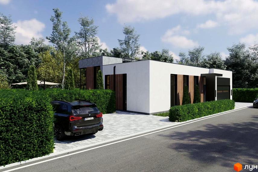 Котеджне містечко RAY-ELENOVKA: одноповерховий будинок з білою штукатуркою, дерев'яними елементами та гаражем, прибудинкова територія з акуратним газоном, кущами та паркуванням для авто.