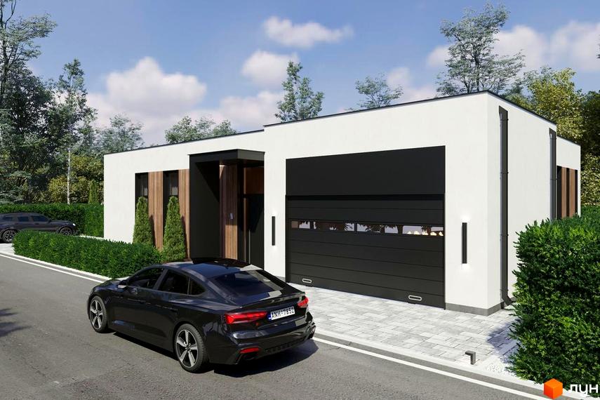 Котеджне містечко RAY-ELENOVKA: одноповерховий будинок з чорним гаражними воротами та прибудинковою територією з автомобілем.