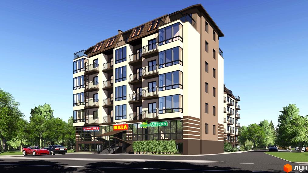 Зовнішній вигляд житлового комплексу на вул. Київська, 128, з балконами та великими вікнами. На прибудинковій території видно дерева та автомобілі.