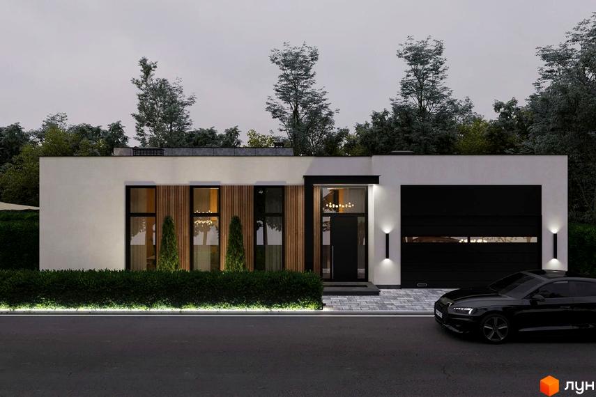 Котеджне містечко RAY-ELENOVKA: одноповерховий будинок з гаражем, великими вікнами та дерев'яними елементами фасаду, перед будинком акуратний зелений газон та доглянутий кущ.