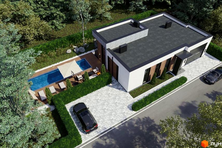 Котеджне містечко RAY-ELENOVKA: двоповерховий будинок з басейном та терасою. Прибудинкова територія з парканом та зеленими насадженнями.