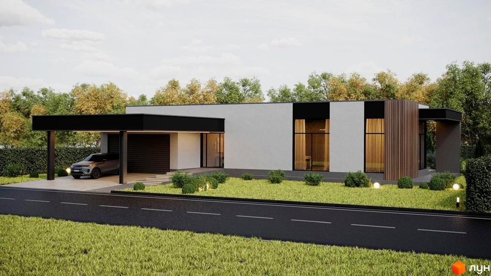 Котеджне містечко RAY-ELENOVKA: одноповерховий будинок з навісом для авто, великими вікнами та дерев'яними елементами фасаду. Прибудинкова територія з газоном, кущами та дорогою.