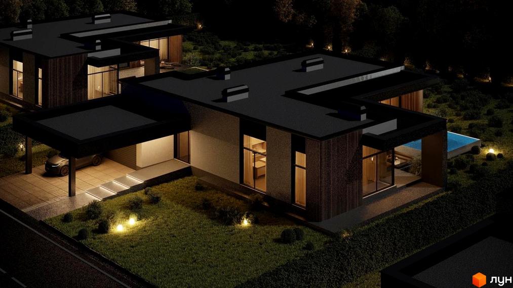 Котеджне містечко RAY-ELENOVKA: двоповерховий будинок з пласкою покрівлею, великими вікнами та басейном. Прибудинкова територія освітлена ліхтарями.