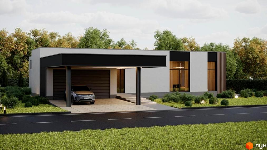 Котеджне містечко RAY-ELENOVKA: одноповерховий будинок з навісом для авто та гаражем, розташований на доглянутій ділянці з газоном та деревами.