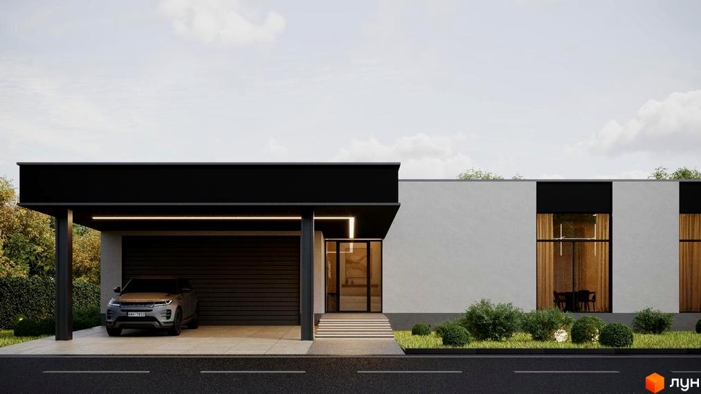 Котеджне містечко RAY-ELENOVKA. Зовнішній вигляд будинку з гаражем, великими вікнами та доглянутою прибудинковою територією.