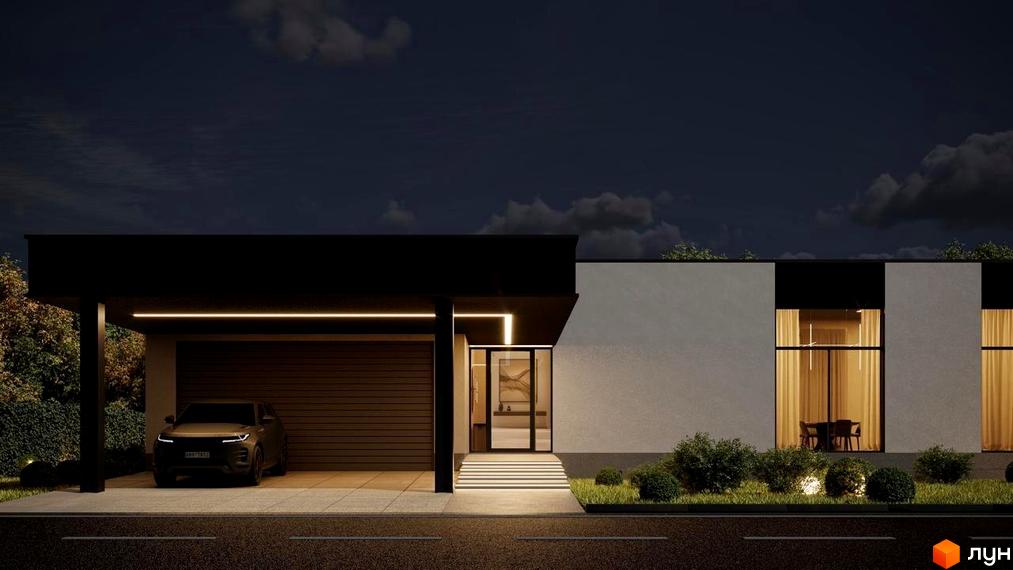 Котеджне містечко RAY-ELENOVKA: сучасний будинок з гаражем та великими вікнами, прибудинкова територія з кущами та освітленням.