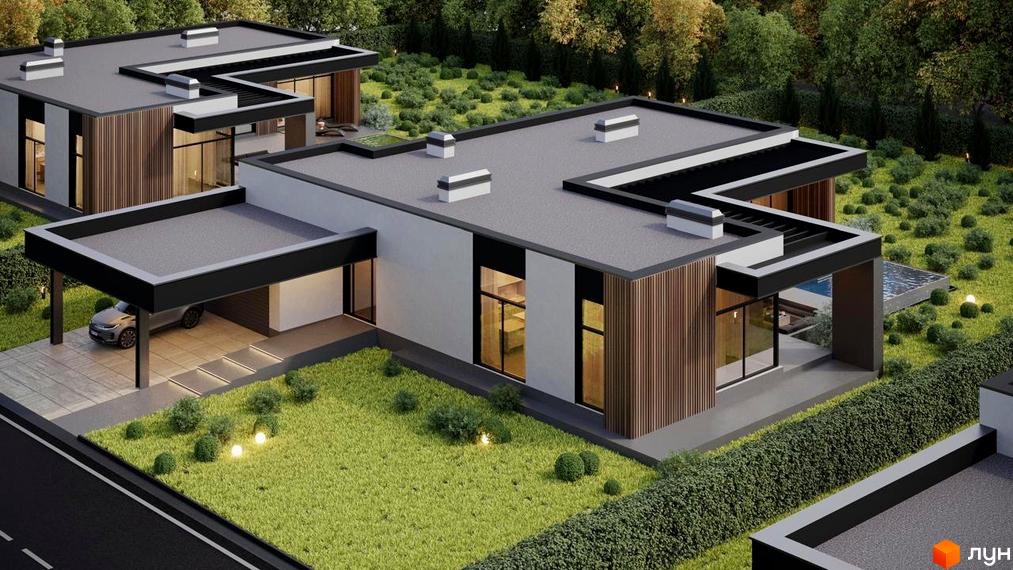 Котеджне містечко RAY-ELENOVKA: двоповерхові будинки з пласкими дахами, великими вікнами та дерев'яними елементами фасаду. Прибудинкова територія з газоном, кущами та басейном.