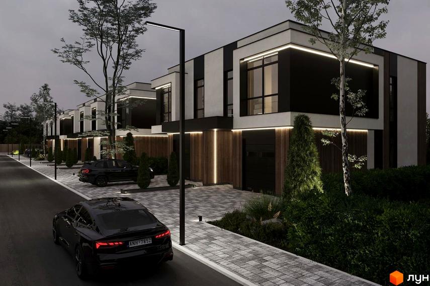 Котеджне містечко RAY-ELENOVKA. Сучасні будинки з панорамними вікнами та підсвіткою, облаштована прибудинкова територія з доріжками та освітленням.