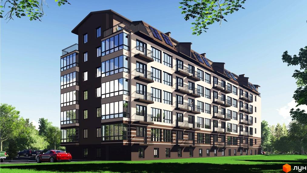 Зовнішній вигляд житлового комплексу на вул. Київська, 128, з великою кількістю вікон та балконів. Навколо будинку зелена територія з деревами та припаркованими автомобілями.