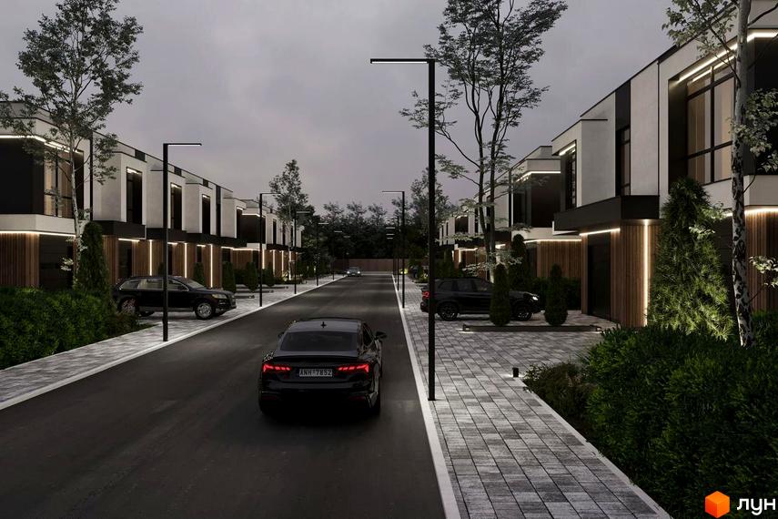 Котеджне містечко RAY-ELENOVKA з сучасними будинками та доглянутою прибудинковою територією з освітленням та деревами.